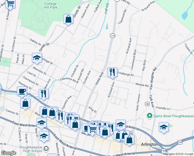 map of restaurants, bars, coffee shops, grocery stores, and more near 118 Innis Avenue in Poughkeepsie