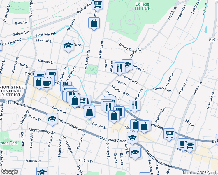 map of restaurants, bars, coffee shops, grocery stores, and more near 75 Thompson Street in Poughkeepsie
