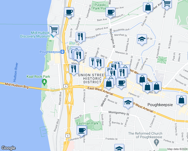 map of restaurants, bars, coffee shops, grocery stores, and more near 15 South Bridge Street in Poughkeepsie