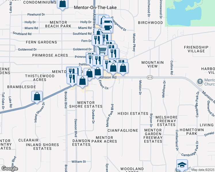 map of restaurants, bars, coffee shops, grocery stores, and more near 7819 Emery Circle in Mentor