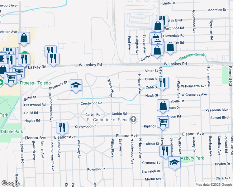 map of restaurants, bars, coffee shops, grocery stores, and more near 1239 Cribb Street in Toledo