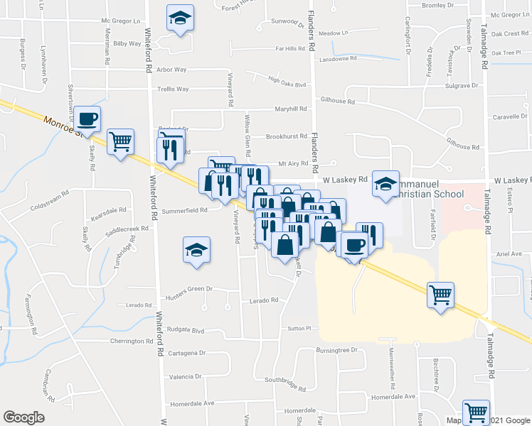 map of restaurants, bars, coffee shops, grocery stores, and more near 5360a Monroe Street in Toledo