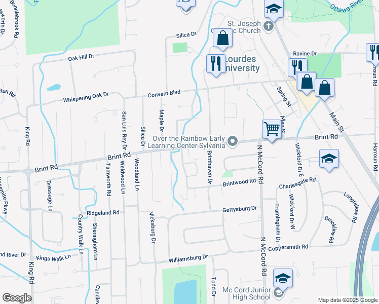 map of restaurants, bars, coffee shops, grocery stores, and more near 6944 Brint Road in Sylvania