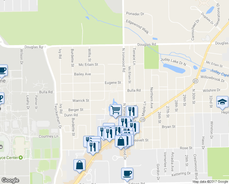 map of restaurants, bars, coffee shops, grocery stores, and more near Abbey Lane in South Bend