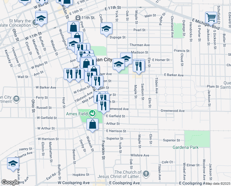 map of restaurants, bars, coffee shops, grocery stores, and more near 1500-1598 York St in Michigan City
