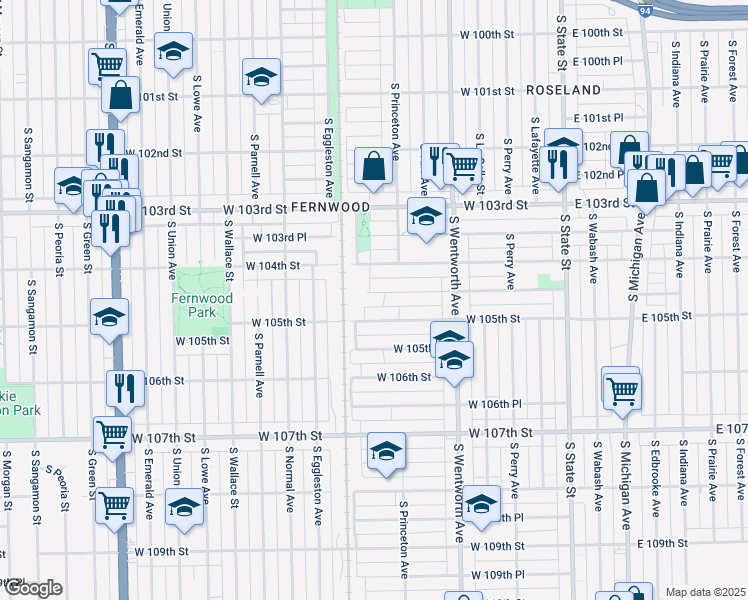 map of restaurants, bars, coffee shops, grocery stores, and more near 322 West 104th Place in Chicago