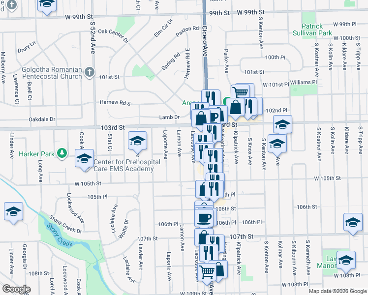 map of restaurants, bars, coffee shops, grocery stores, and more near 10325 Lamon Avenue in Oak Lawn