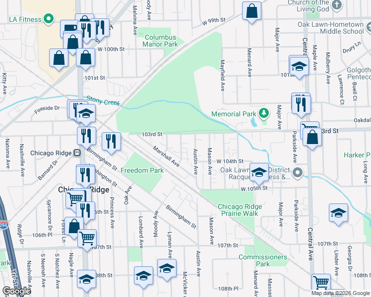 map of restaurants, bars, coffee shops, grocery stores, and more near 10306 McVicker Avenue in Chicago Ridge