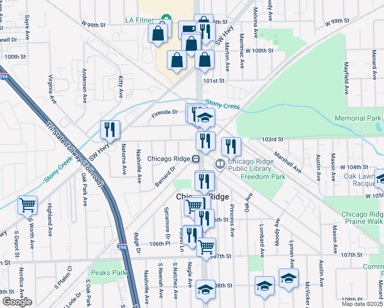 map of restaurants, bars, coffee shops, grocery stores, and more near 10304 South Ridgeland Avenue in Chicago Ridge