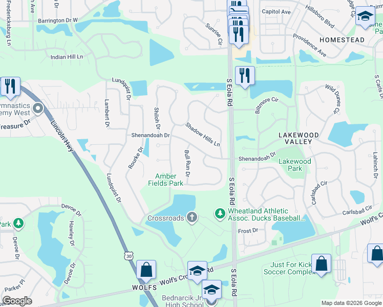 map of restaurants, bars, coffee shops, grocery stores, and more near 2336 Shenandoah Drive in Aurora