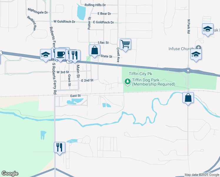 map of restaurants, bars, coffee shops, grocery stores, and more near 437 Kimberlite Street in Tiffin