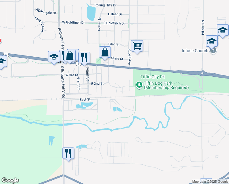 map of restaurants, bars, coffee shops, grocery stores, and more near 437 Kimberlite Street in Tiffin