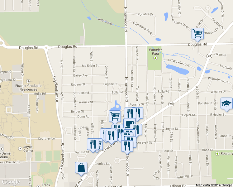 map of restaurants, bars, coffee shops, grocery stores, and more near Abbey Lane in South Bend