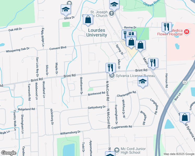 map of restaurants, bars, coffee shops, grocery stores, and more near 6751 Brint Rd in Sylvania