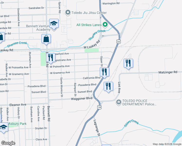 map of restaurants, bars, coffee shops, grocery stores, and more near 42 West Gramercy Avenue in Toledo