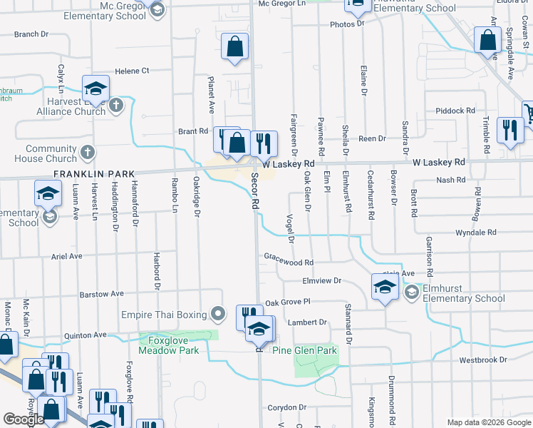 map of restaurants, bars, coffee shops, grocery stores, and more near 4812 Secor Road in Toledo
