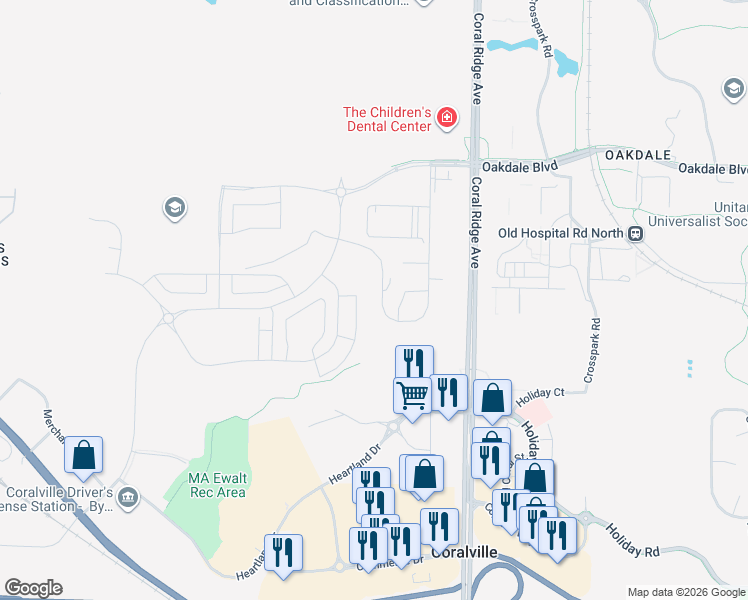 map of restaurants, bars, coffee shops, grocery stores, and more near 2884 Coral Court in Coralville
