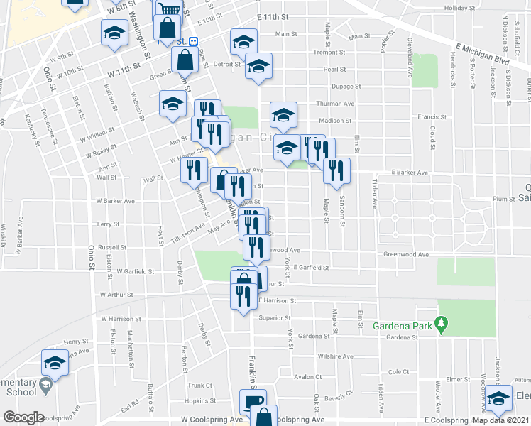 map of restaurants, bars, coffee shops, grocery stores, and more near 1516 Lafayette Street in Michigan City