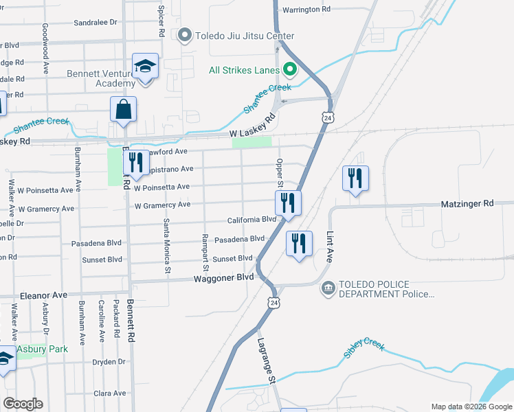 map of restaurants, bars, coffee shops, grocery stores, and more near 42 West Gramercy Avenue in Toledo