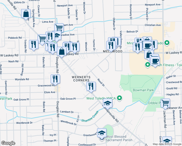map of restaurants, bars, coffee shops, grocery stores, and more near 2303 Mellwood Avenue in Toledo