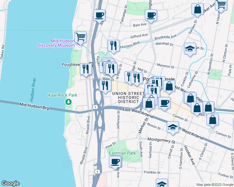 map of restaurants, bars, coffee shops, grocery stores, and more near 26 South Perry Street in Poughkeepsie