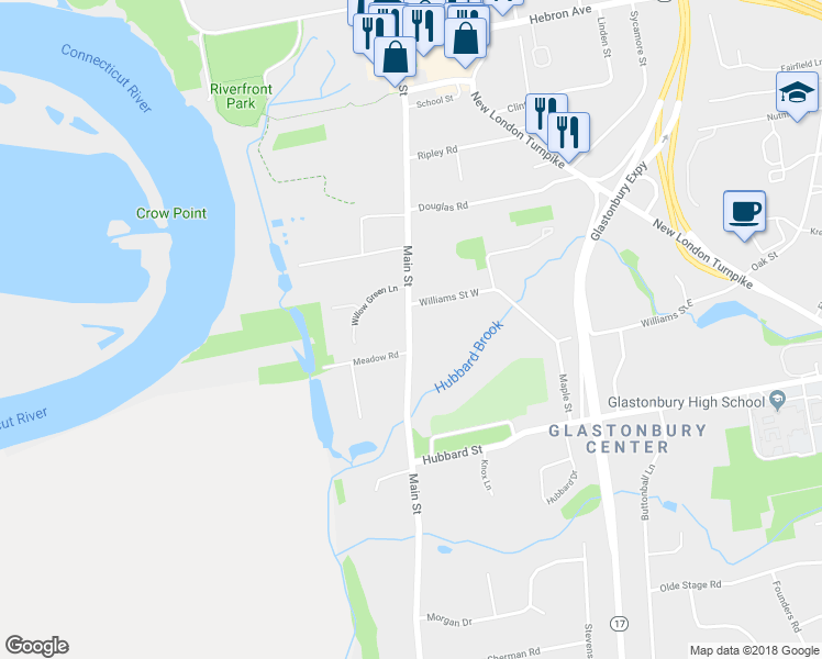 map of restaurants, bars, coffee shops, grocery stores, and more near 2044 Main Street in Glastonbury