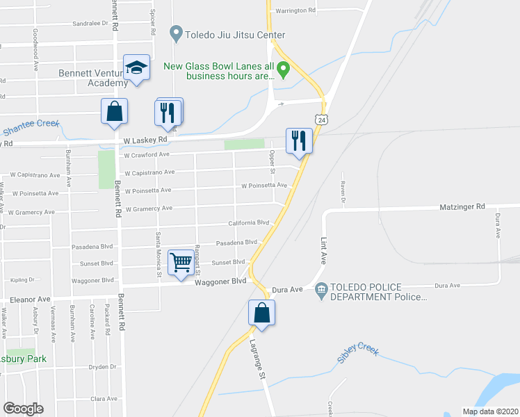 map of restaurants, bars, coffee shops, grocery stores, and more near 27 West Gramercy Avenue in Toledo