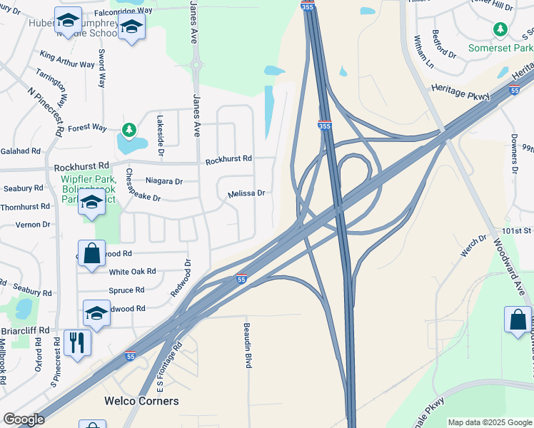 map of restaurants, bars, coffee shops, grocery stores, and more near 239 Stonegate Road in Bolingbrook
