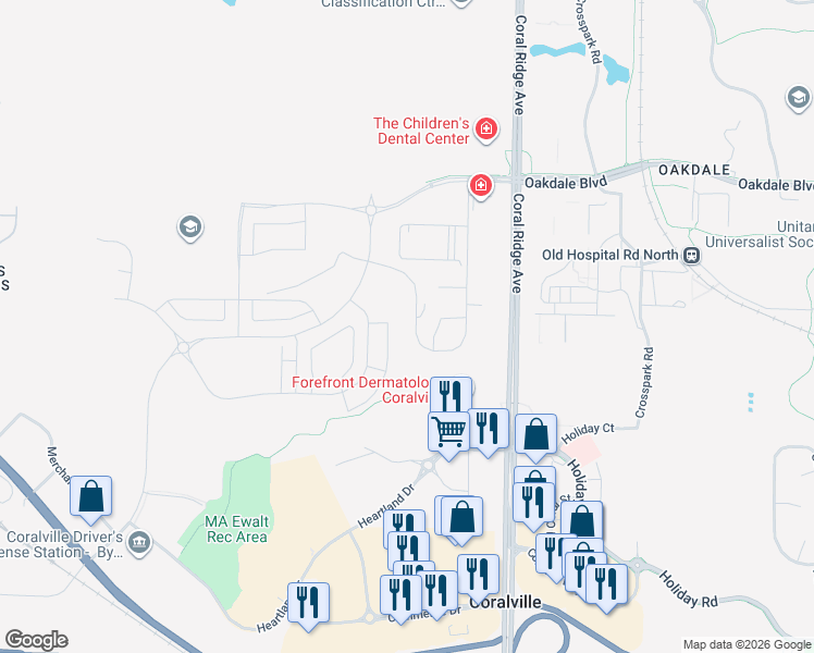 map of restaurants, bars, coffee shops, grocery stores, and more near 2884 Coral Court in Coralville