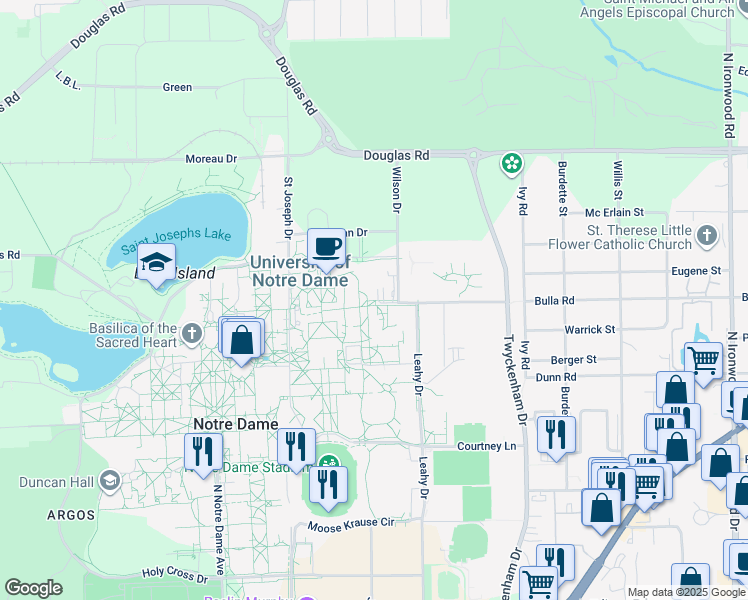 map of restaurants, bars, coffee shops, grocery stores, and more near in Notre Dame