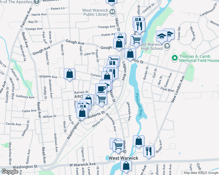 map of restaurants, bars, coffee shops, grocery stores, and more near in West Warwick