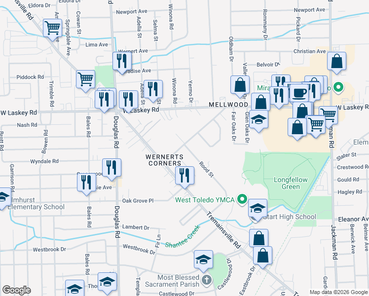 map of restaurants, bars, coffee shops, grocery stores, and more near 2235 Mellwood Avenue in Toledo