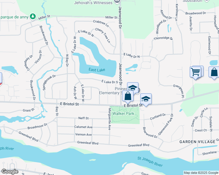 map of restaurants, bars, coffee shops, grocery stores, and more near 1534 Cottonwood Drive in Elkhart