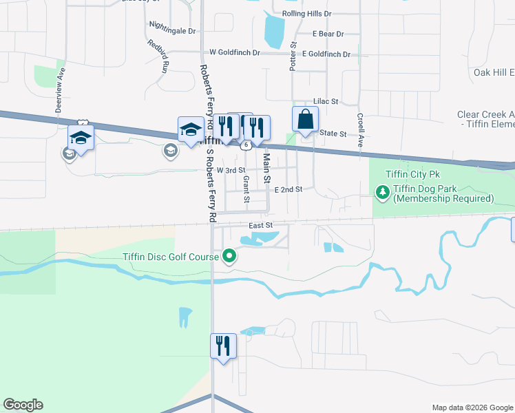 map of restaurants, bars, coffee shops, grocery stores, and more near 111 West 2nd Street in Tiffin
