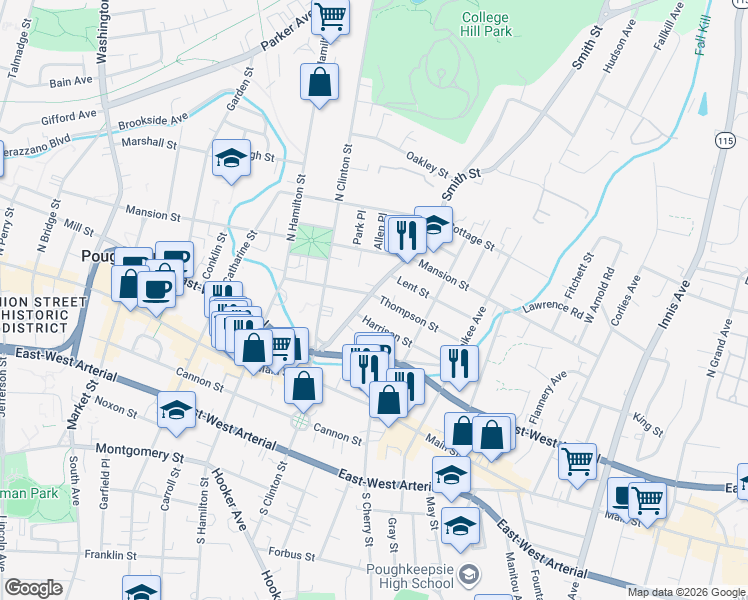 map of restaurants, bars, coffee shops, grocery stores, and more near 57 Smith Street in Poughkeepsie