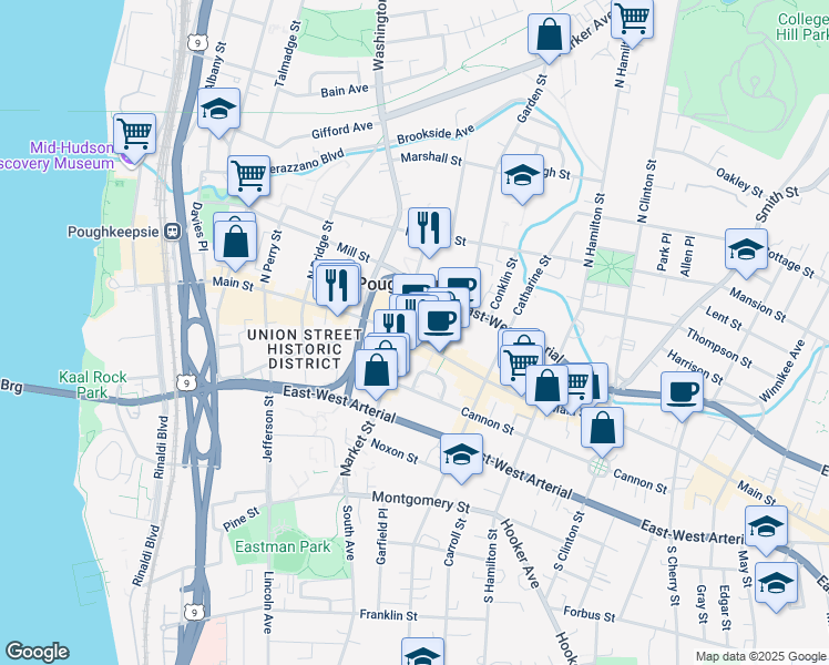 map of restaurants, bars, coffee shops, grocery stores, and more near 237 Main Street in Poughkeepsie