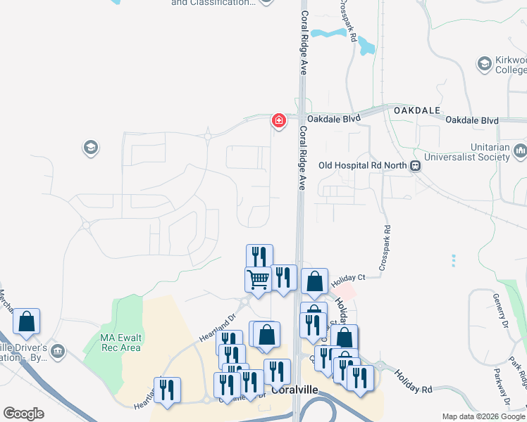 map of restaurants, bars, coffee shops, grocery stores, and more near 2865 Coral Court in Coralville