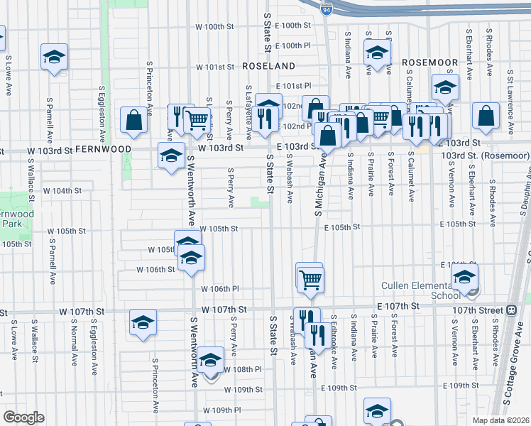 map of restaurants, bars, coffee shops, grocery stores, and more near 15 West 104th Place in Chicago