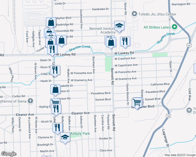 map of restaurants, bars, coffee shops, grocery stores, and more near 614 West Gramercy Avenue in Toledo