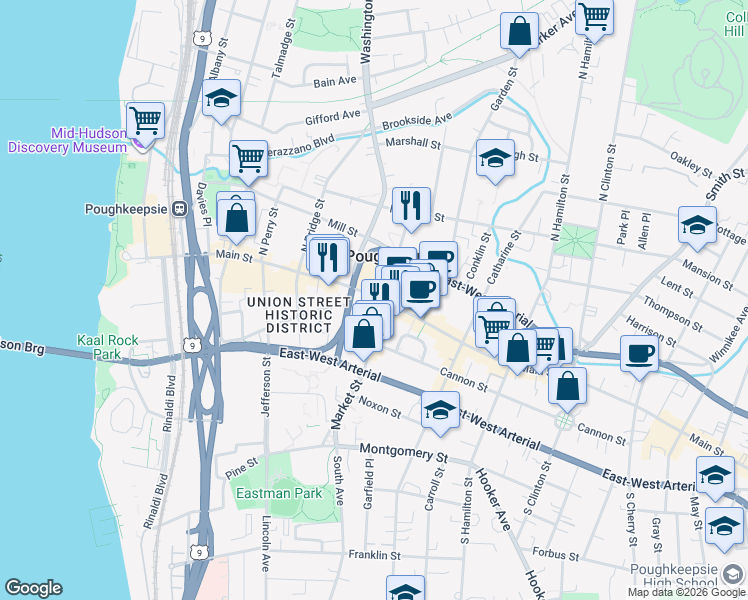 map of restaurants, bars, coffee shops, grocery stores, and more near 236 Main Street in Poughkeepsie