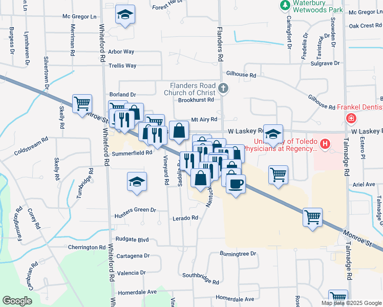 map of restaurants, bars, coffee shops, grocery stores, and more near 5360a Monroe Street in Toledo