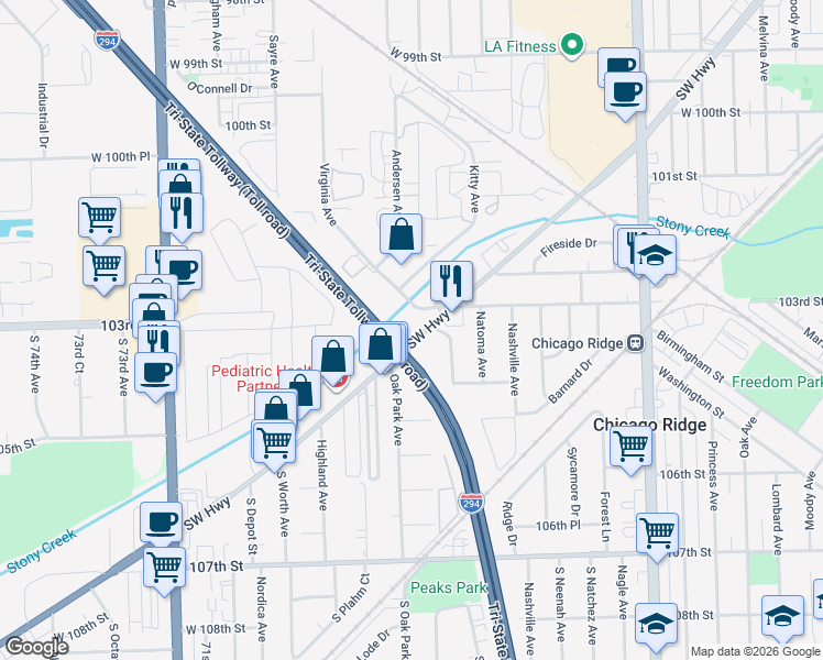 map of restaurants, bars, coffee shops, grocery stores, and more near 10306 Southwest Highway in Chicago Ridge