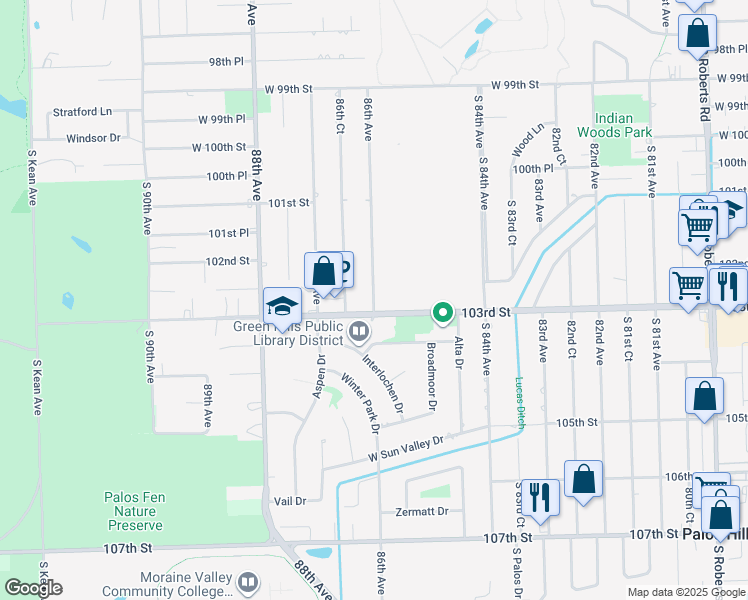 map of restaurants, bars, coffee shops, grocery stores, and more near 10251 South 86th Avenue in Palos Hills