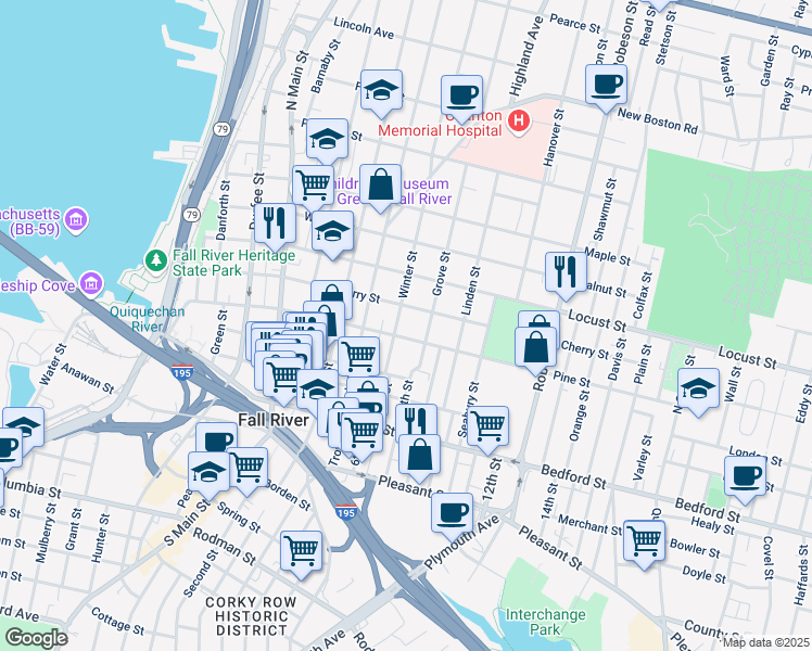 map of restaurants, bars, coffee shops, grocery stores, and more near 521 Cherry Street in Fall River