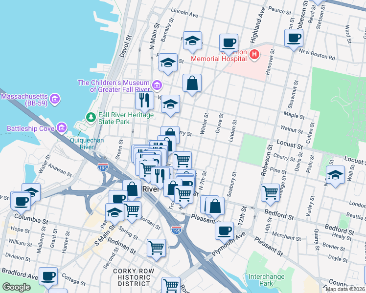map of restaurants, bars, coffee shops, grocery stores, and more near 203 Rock Street in Fall River