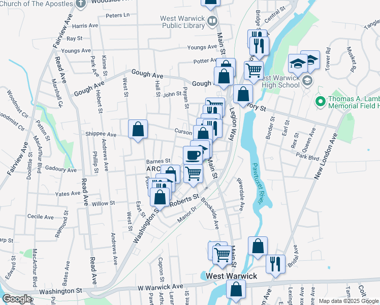 map of restaurants, bars, coffee shops, grocery stores, and more near 14 Gareau Street in West Warwick