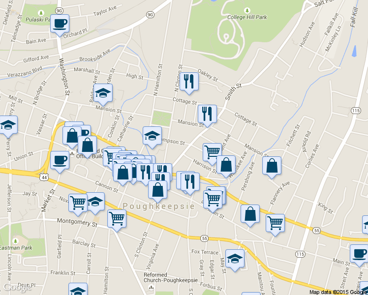 map of restaurants, bars, coffee shops, grocery stores, and more near 75 Thompson Street in Poughkeepsie