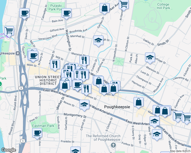 map of restaurants, bars, coffee shops, grocery stores, and more near 319 Mill Street in Poughkeepsie