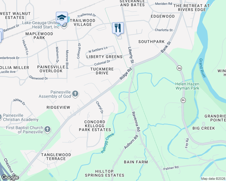 map of restaurants, bars, coffee shops, grocery stores, and more near 163 Johnnycake Ridge Road in Painesville