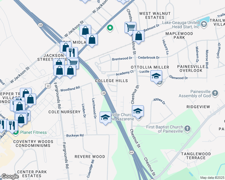 map of restaurants, bars, coffee shops, grocery stores, and more near 297 University Avenue in Painesville